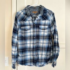 JACHS Girlfriend Flannel. XS. Pearl snap buttons. Reversible cuffs w/ pattern.